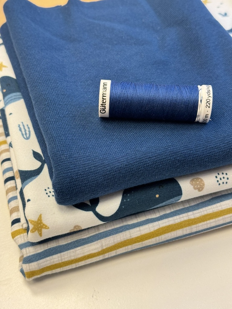 Paquet de tissu | Jersey baleines maritimes, rayures avec poignets et fil assorti