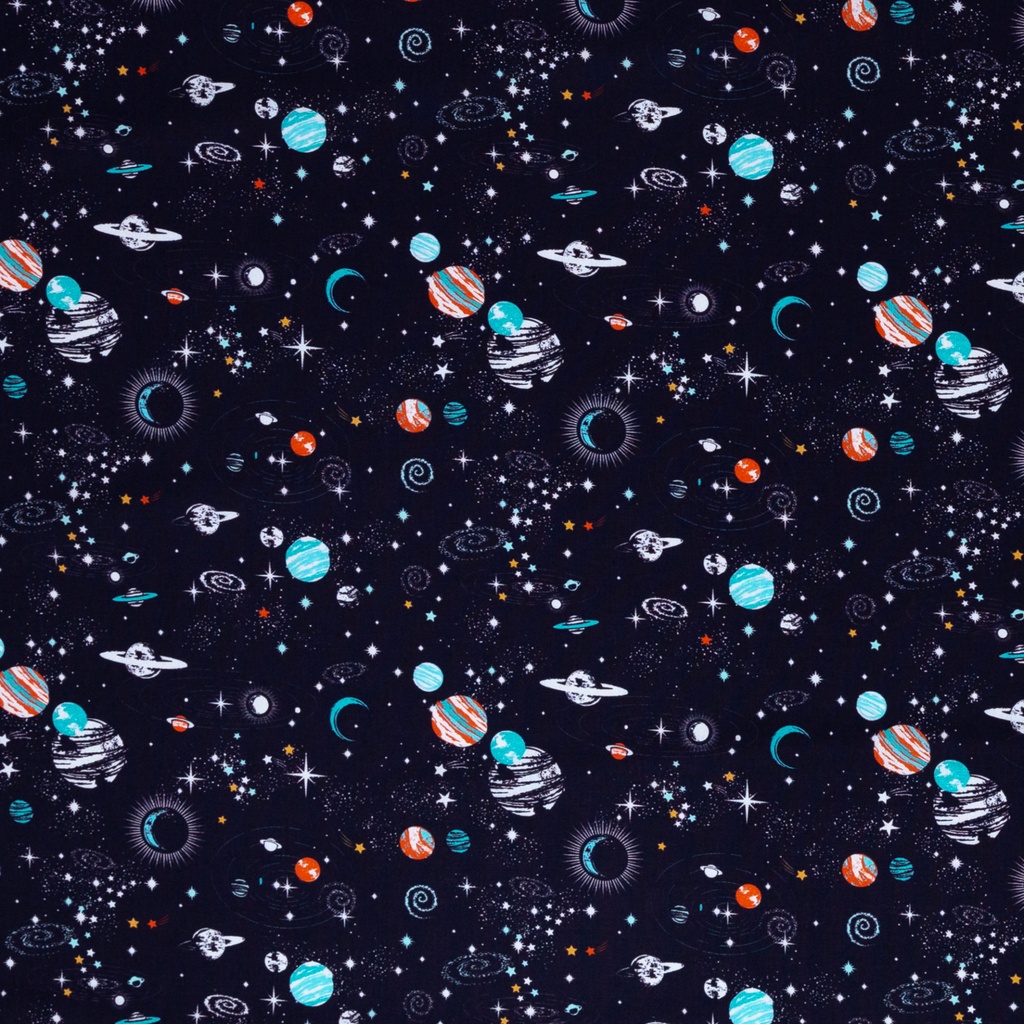Bodo, tissu en coton, espace, planètes, bleu foncé
