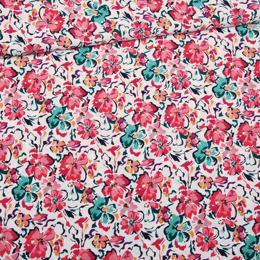 [0192184] Viscose | Fleurs graphiques par Editex | fleurs | corail, bleu, blanc